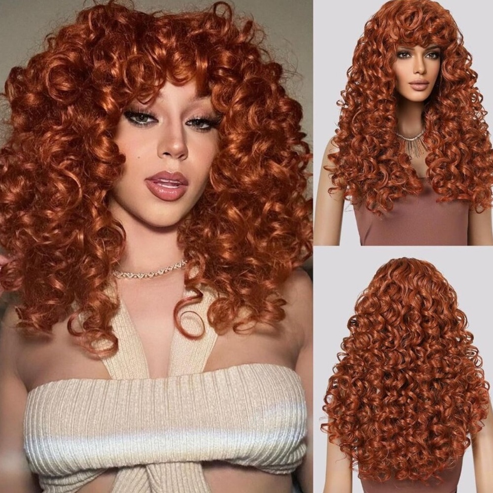 Copper Red Curly Wig Long Curly Wig with Bangs for Women NEW